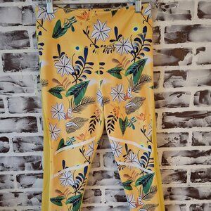 Zyia Active Medium 8/10 Yoga Leggings Pants Yellow Floral Lilies Sheer Sides